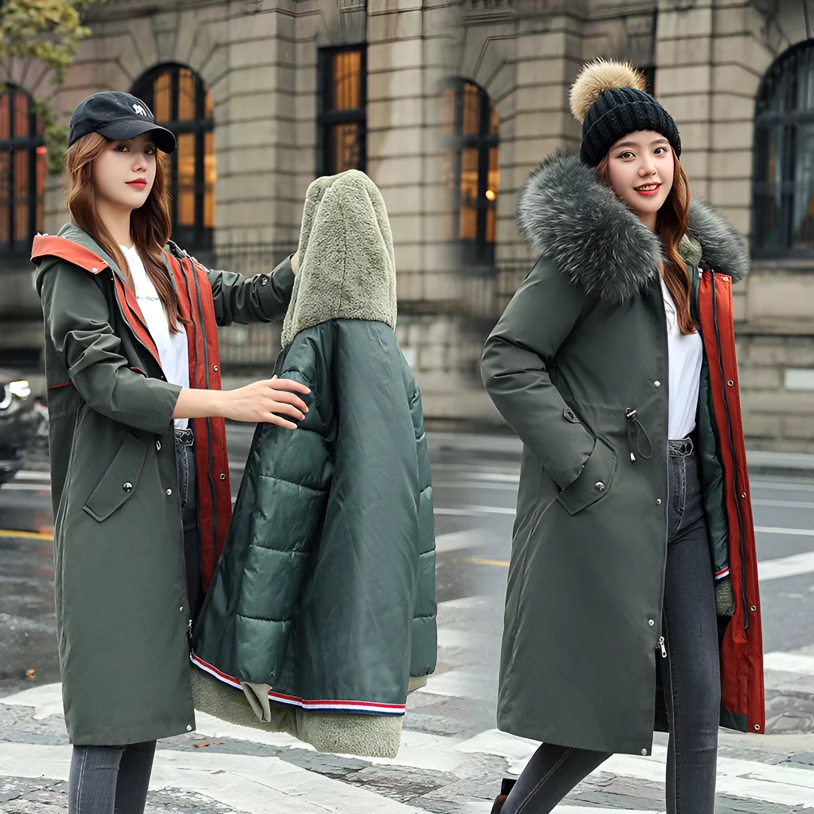 Women's long two-way cotton-padded fleece trench coat in bean green colour
