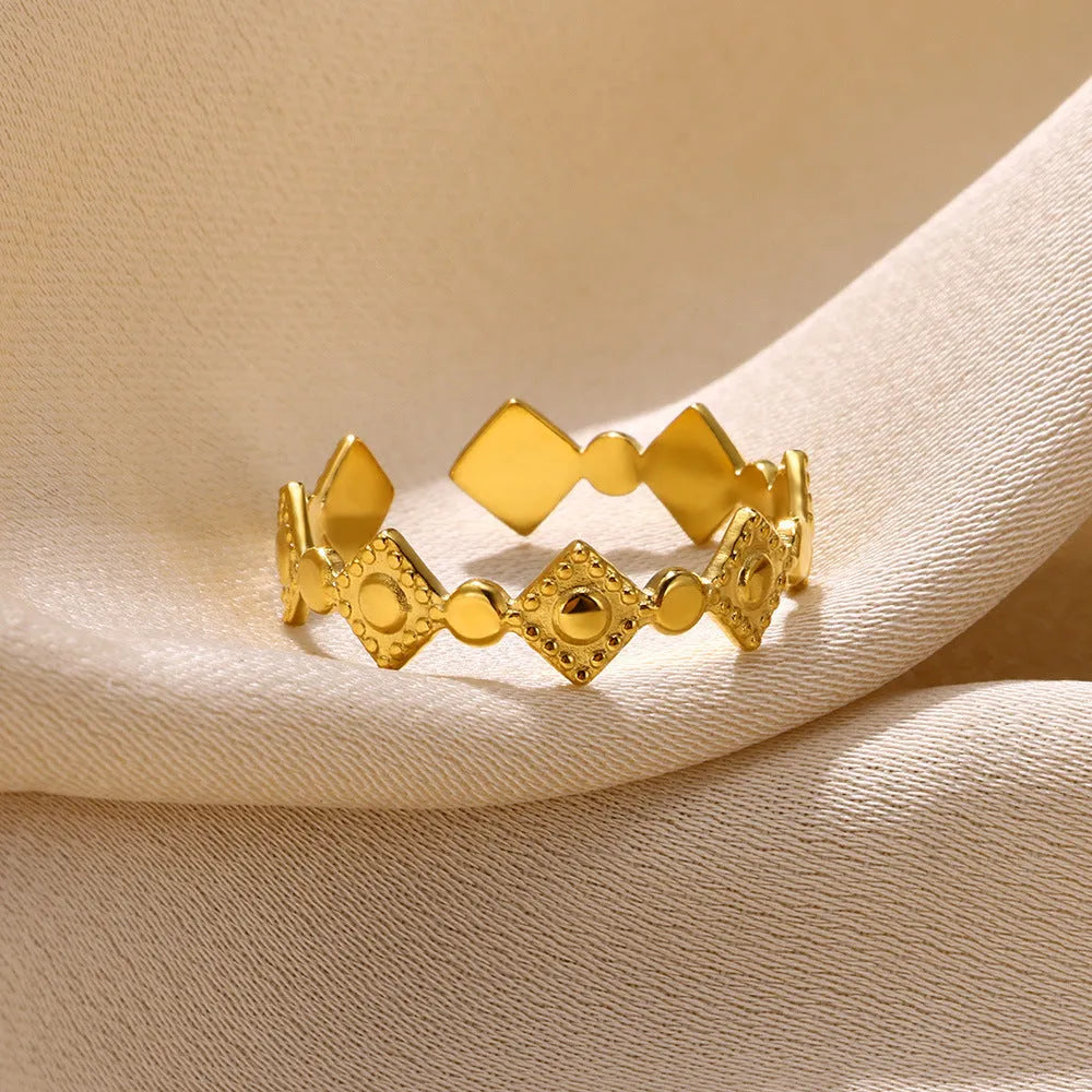 Golden diamond geometric titanium steel women's ring with free size adjustment