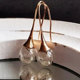 Transparent glass ball earrings with crystal dandelion seed design on silver French hooks
