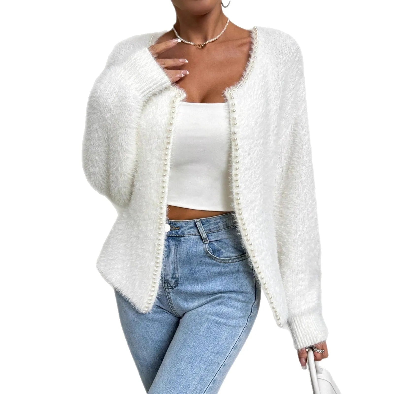 White women's V-neck cardigan with solid colour and medium thickness