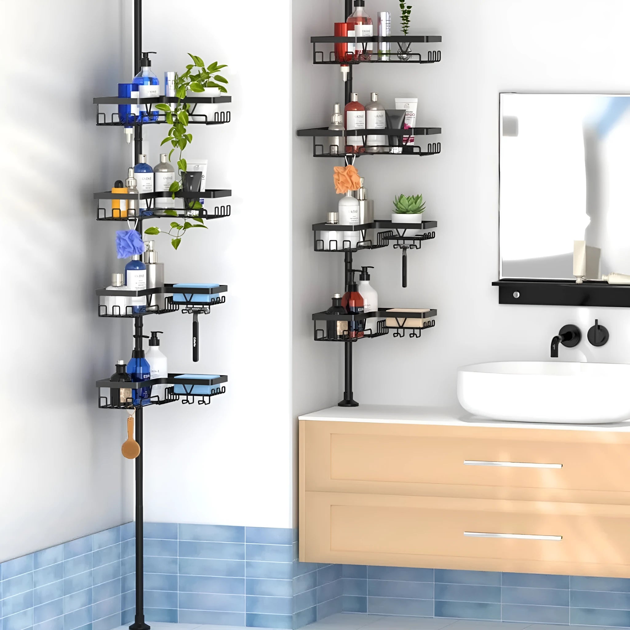 Stainless steel retractable bathroom storage rack with four layers and hole-free installation