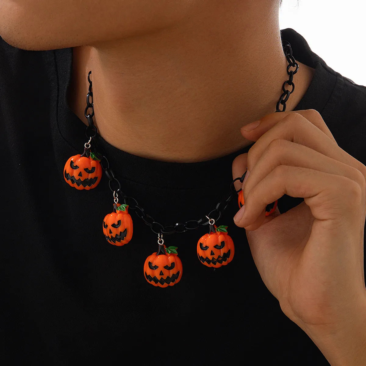 Cartoon pumpkin ghost Halloween necklace with mixed colours on regular chain