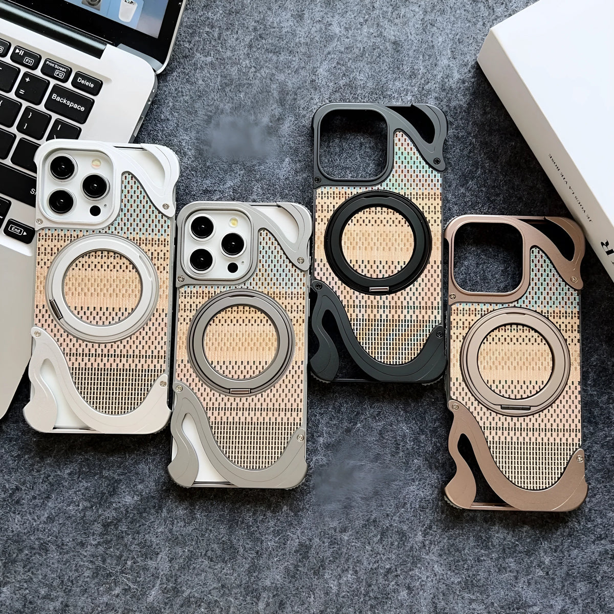 Frameless magnetic bracket phone case in metal and PC with electroplated finish for Apple iPhone 14 15 16 Pro and Pro Max