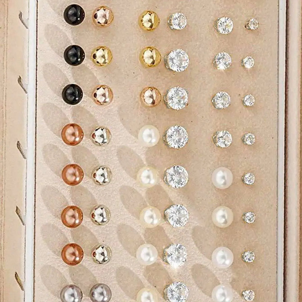 108 geometric pearl earrings with round elements and gold electroplated finish displayed as bulk set