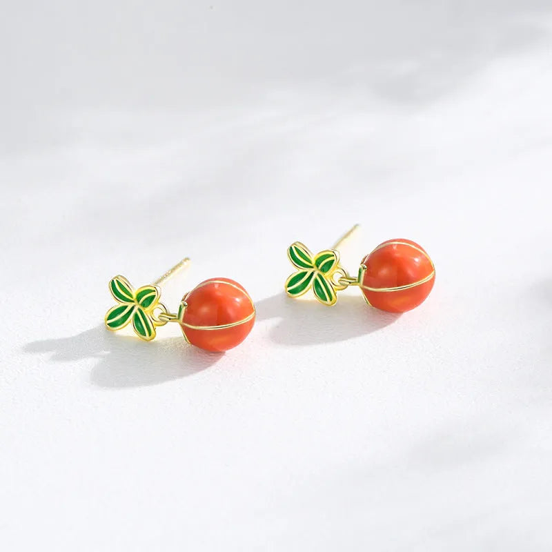 S925 sterling silver lucky persimmon dripping stud earrings in new Chinese style