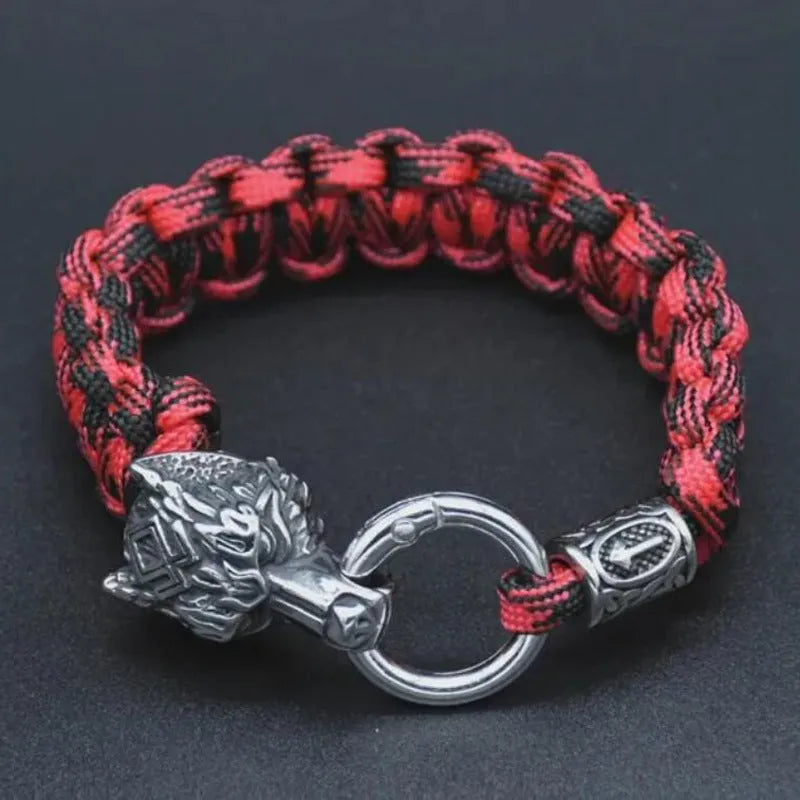Handmade stainless steel wolf head bracelet with Luen characters and camouflage colour finish