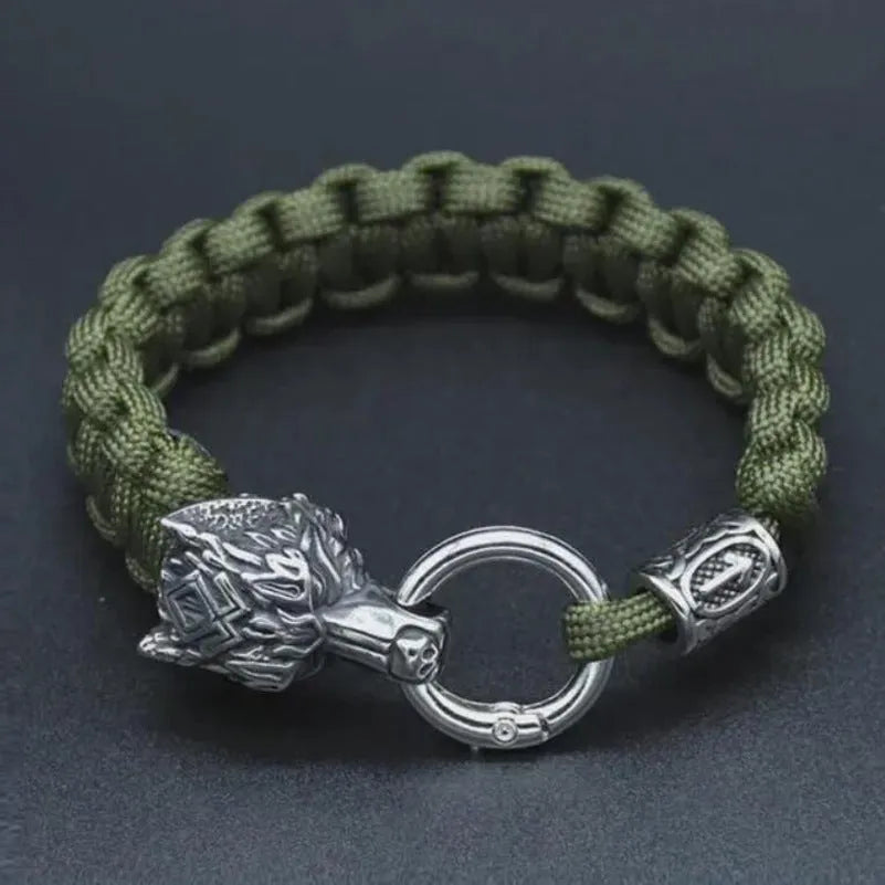 Handmade stainless steel wolf head bracelet with Luen characters and camouflage colour finish