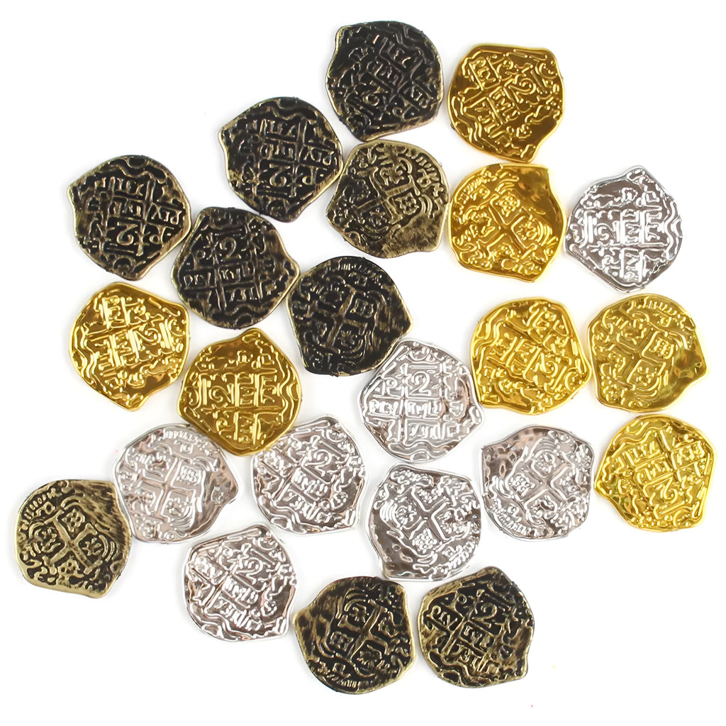 A pile of replica Roman coins in bronze, gold, and silver metallic finishes.