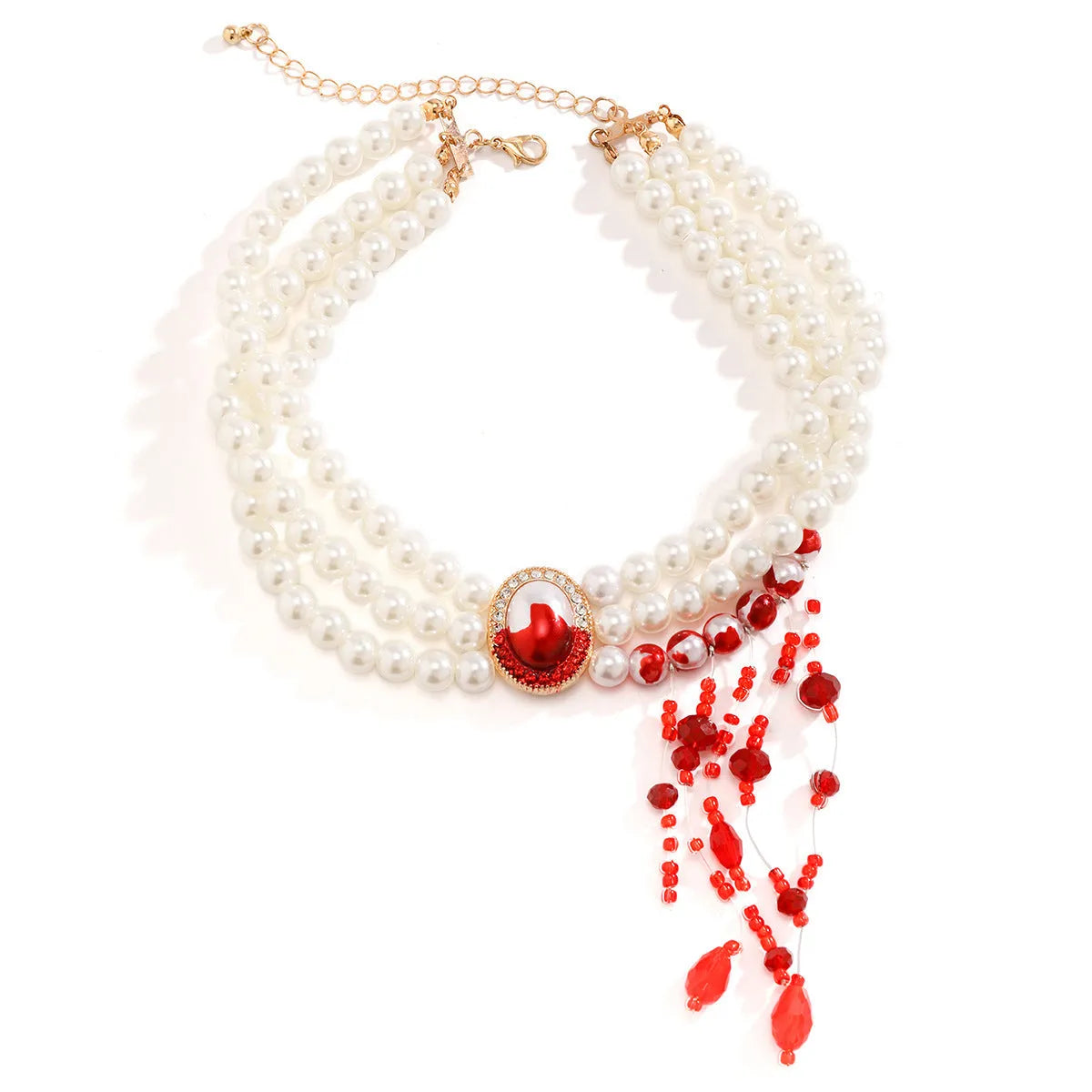 Halloween jewellery set with pearl collar necklace, bracelet and stud earrings in gold electroplated gothic retro style