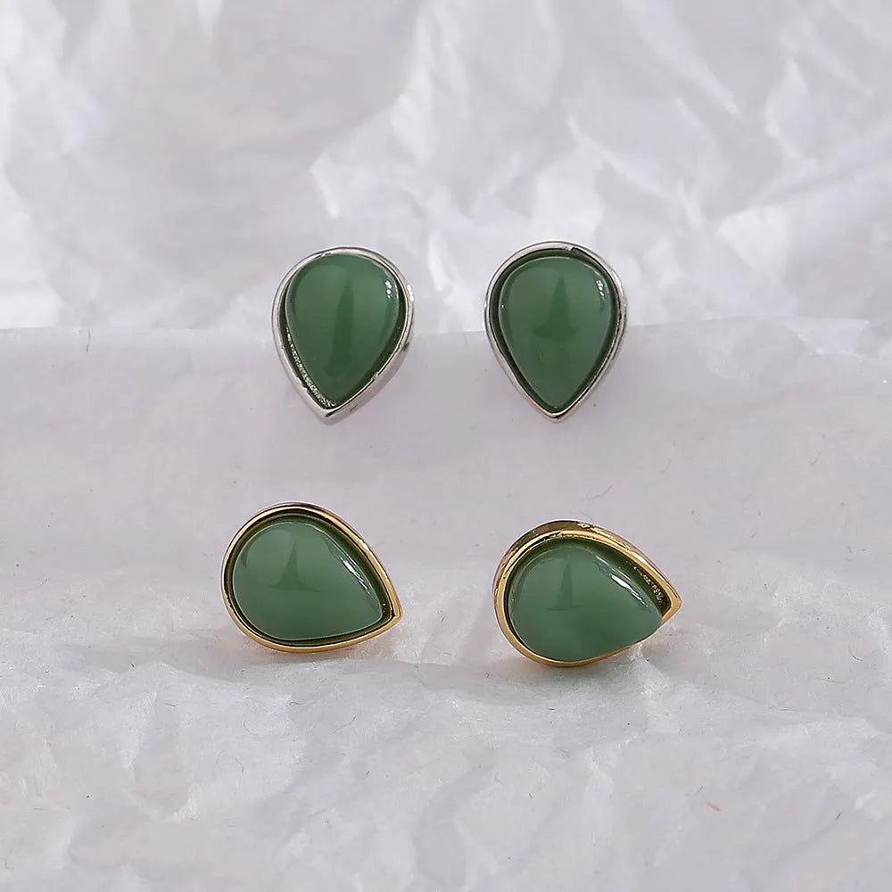 Chinese style copper drop earrings with Hetian jade water drop stud in white gold colour