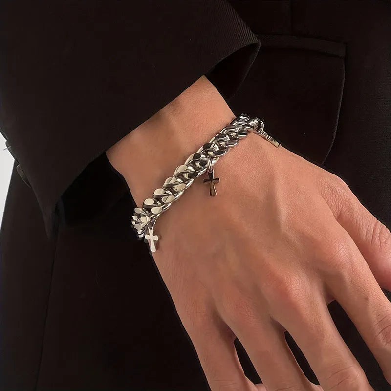 Men's geometric cross bracelet in titanium steel with minimalist design