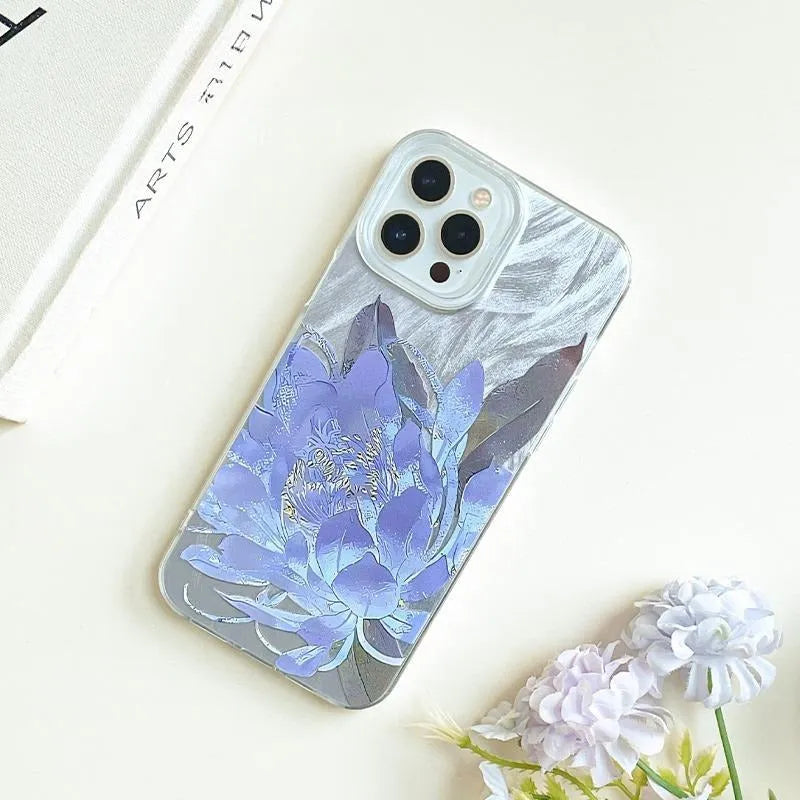 Blue Lotus floral design hard PC phone case for Apple iPhone on a white background.