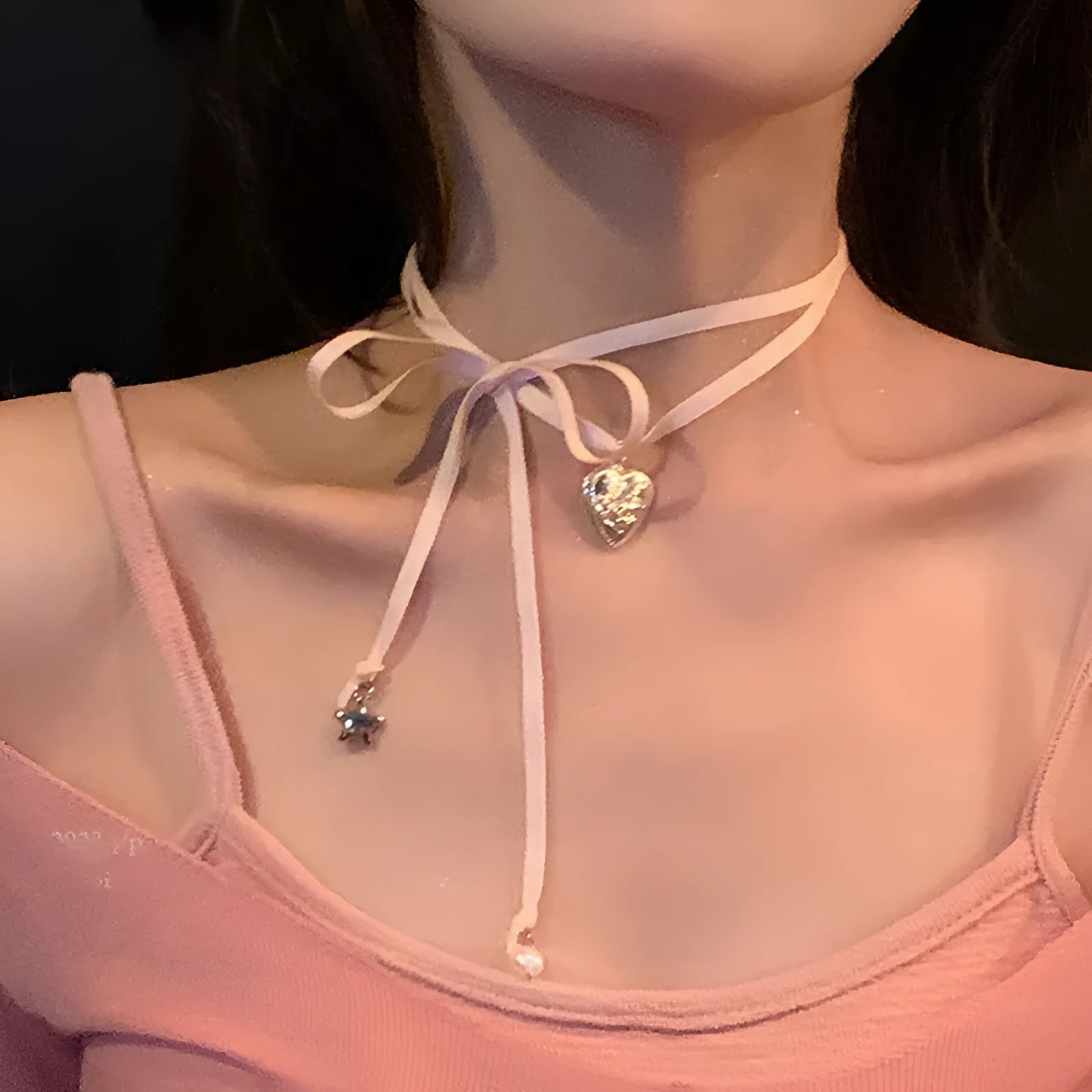 Women's ribbon design love pendant fashion necklace clavicle chain in alloy with electroplated finish