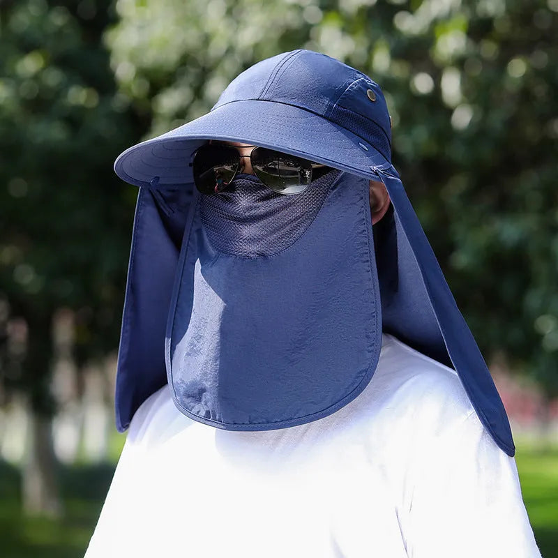 Khaki coloured sun hat with built-in USB fan and attached face covering shawl for neck protection.