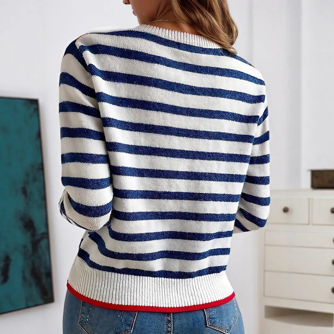 Sapphire blue striped acrylic pullover sweater with round neck and long sleeves