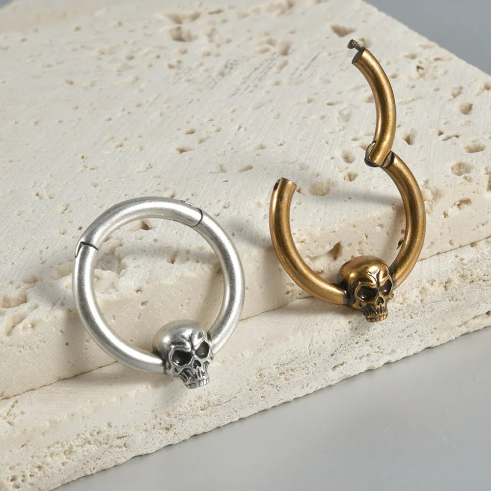 Copper punk earrings with ghost head design in antique silver or gold finish