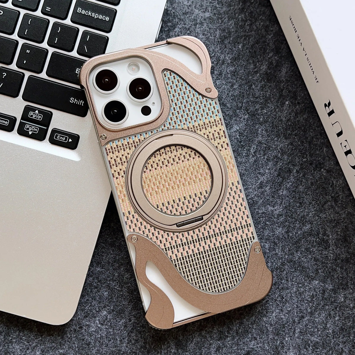 Frameless magnetic bracket phone case in metal and PC with electroplated finish for Apple iPhone 14 15 16 Pro and Pro Max