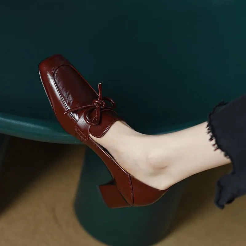 Retro square toe chunky heel leather shoes for women, black colour, PU upper, rubber sole, low heel on wooden floor