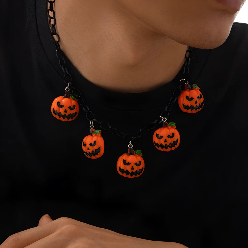 Cartoon pumpkin ghost Halloween necklace with mixed colours on regular chain