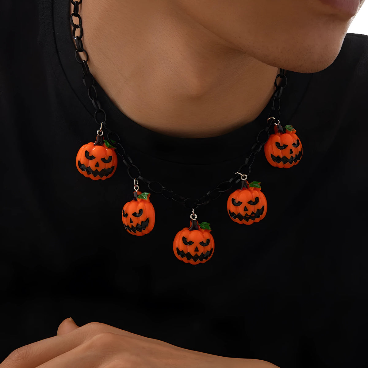 Cartoon pumpkin ghost Halloween necklace with mixed colours on regular chain