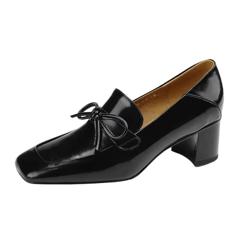 Retro square toe chunky heel leather shoes for women, black colour, PU upper, rubber sole, low heel on wooden floor