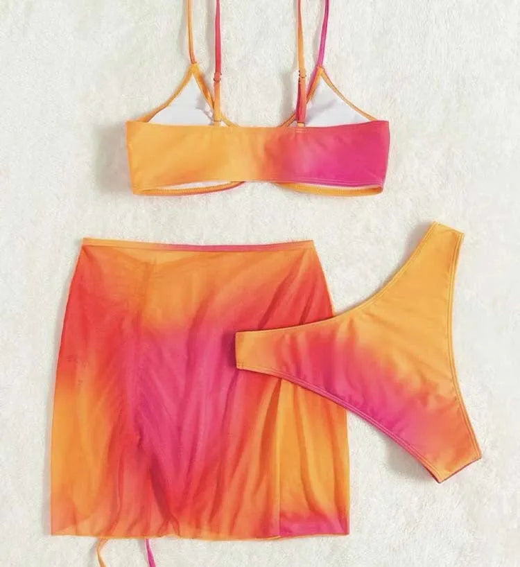 Women's orange gradient print three-piece swimsuit with loop buckle hollow suspender design