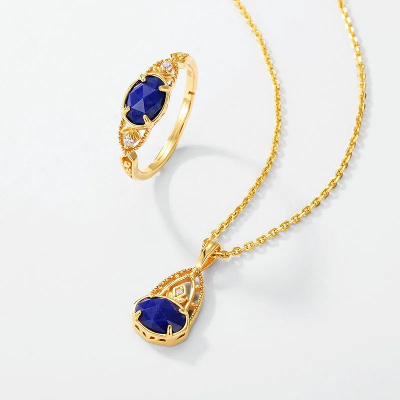 Japanese style geometric silver alloy ring with a blue lapis lazuli stone for women.