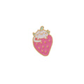 Close-up of a detailed alloy brooch showing a cute cat and strawberry in a dripping oil art style.