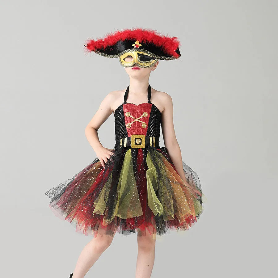 Girls sleeveless pirate dress costume with sequins and mesh for Halloween, shown in pirate skirt colour.