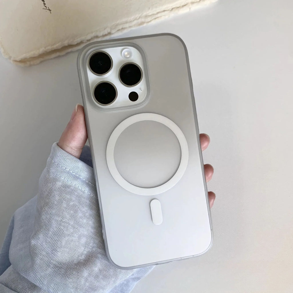 Frosted gradient colour magnetic suction iPhone case shown on a phone, displaying ultra-thin profile.