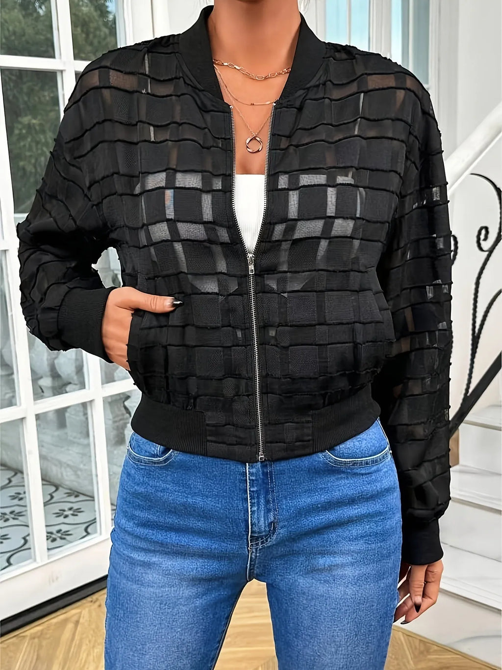 Black women's casual jacket with geometric pattern and semi-transparent fabric