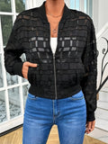 Black women's casual jacket with geometric pattern and semi-transparent fabric