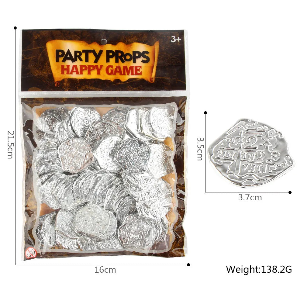 A pile of replica Roman coins in bronze, gold, and silver metallic finishes.