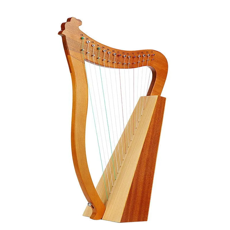 19-string 16-tone wood harp in log finish with lyre-style body for beginner musicians