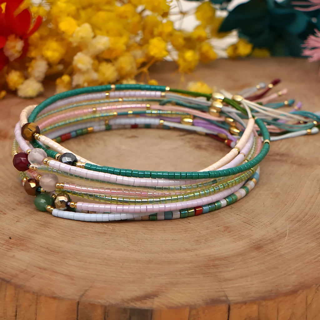 Handmade Bohemian style beaded bracelet for women with semi-precious stone and colourful glass beads