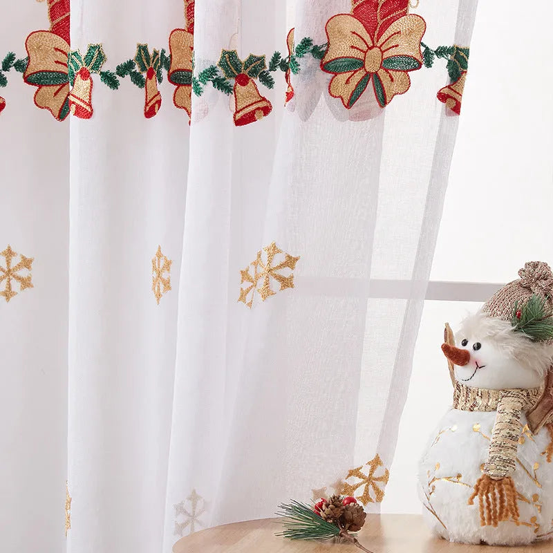 American Christmas curtains with embroidered snowflake design on semi-transparent polyester fabric