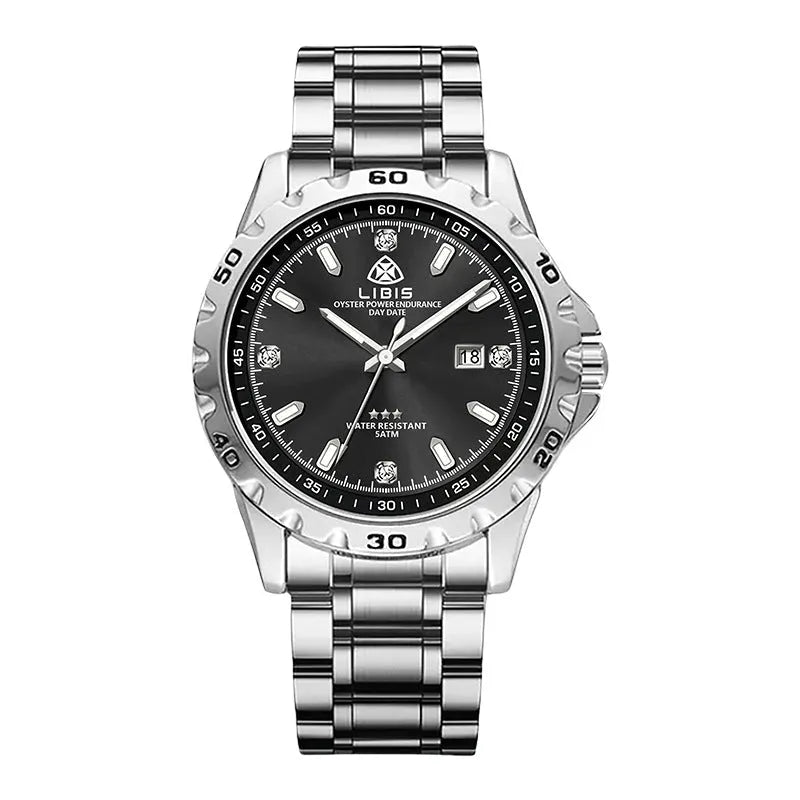 Silver stainless steel men's business watch with luminous dial and sapphire crystal glass