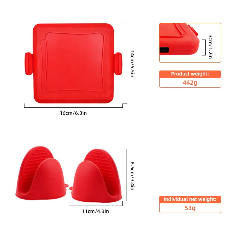 Red silicone baking tray with integrated handbag grip and matching heat-resistant gloves