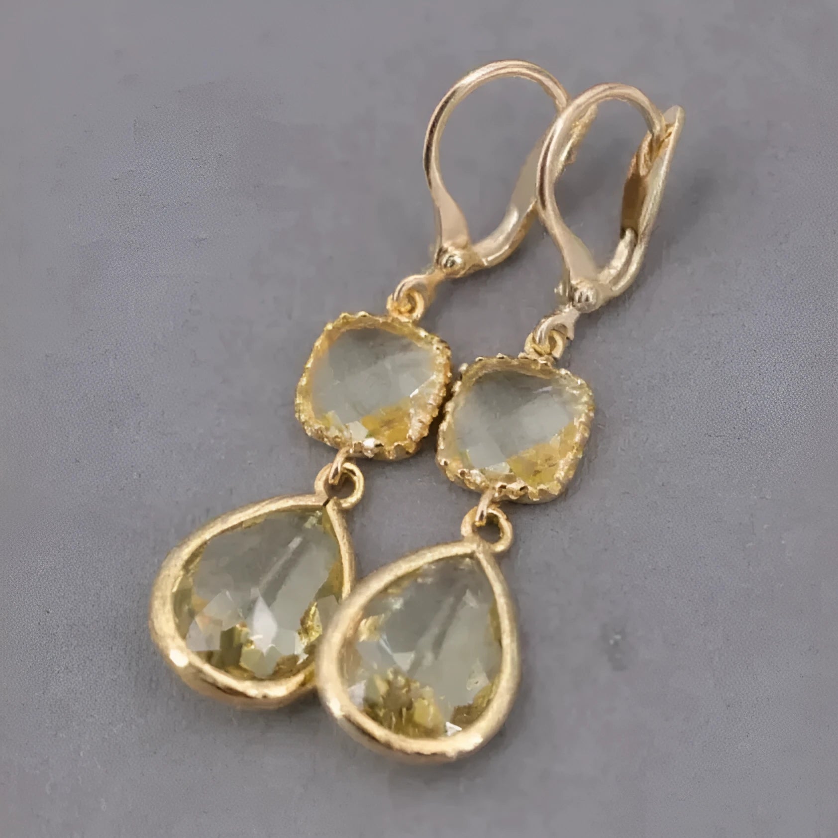 Gold geometric long fringe drop earrings with exaggerated crystal and water droplet design