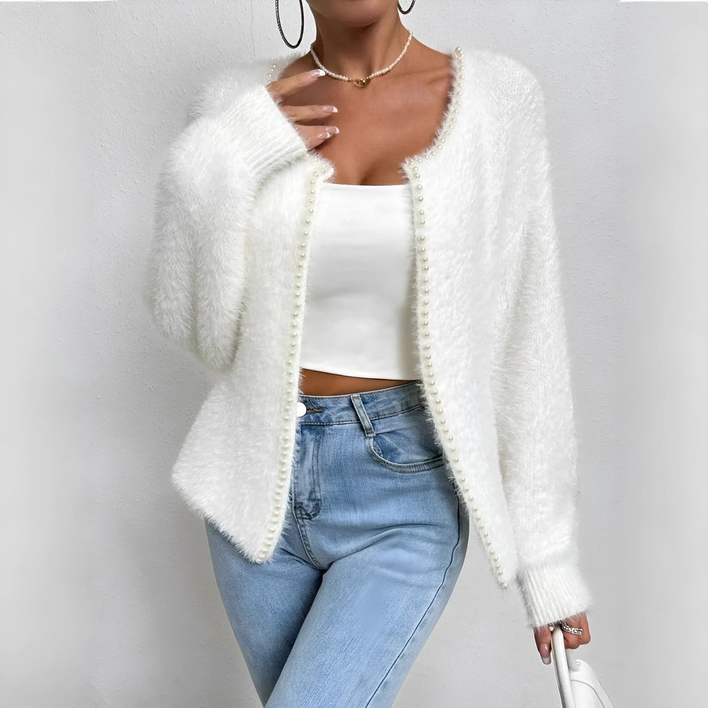 White women's V-neck cardigan with solid colour and medium thickness