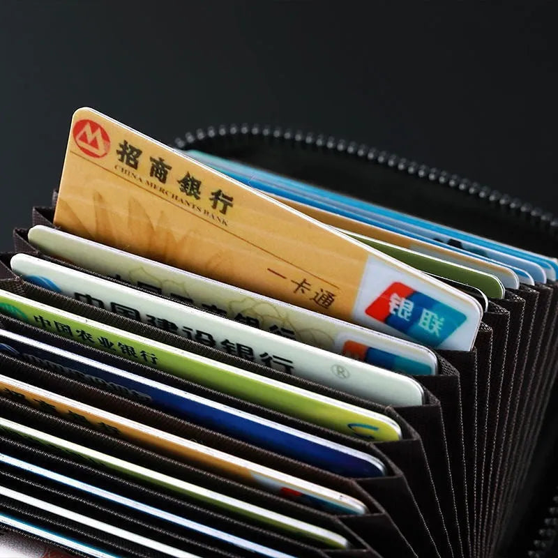 Men's suede card holder in grey, black, blue or green with 11 or 18 card positions, anti-degaussing, waterproof PU material.