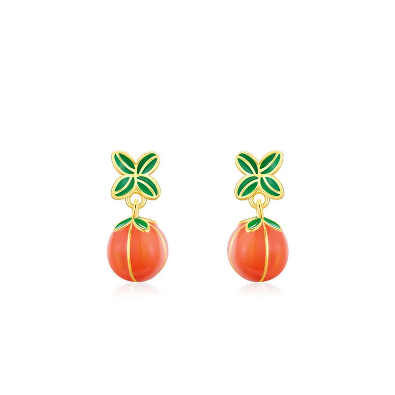 S925 sterling silver lucky persimmon dripping stud earrings in new Chinese style