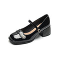French style chunky heel pump shoes with buckle closure in patent leather, showing square toe design.