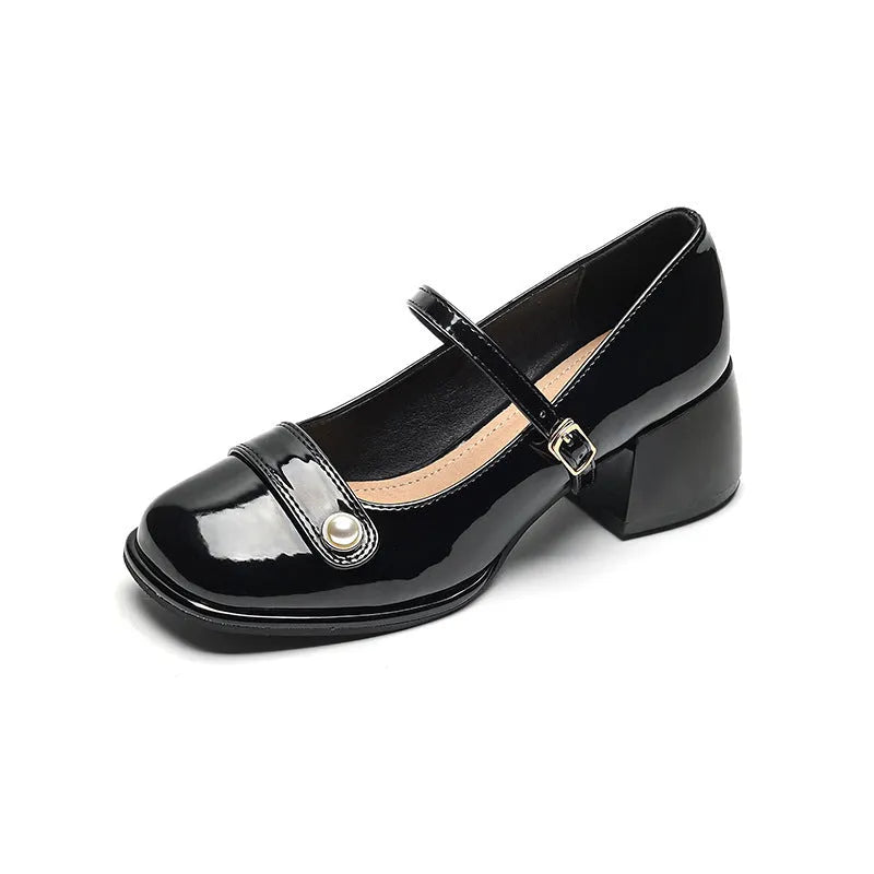 French style chunky heel pump shoes with buckle closure in patent leather, showing square toe design.