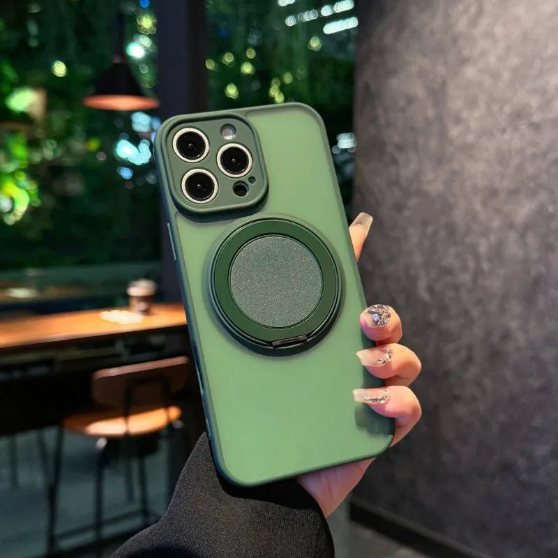 Magnetic suction pivot phone case for iPhone with built-in kickstand, in a frosted finish.
