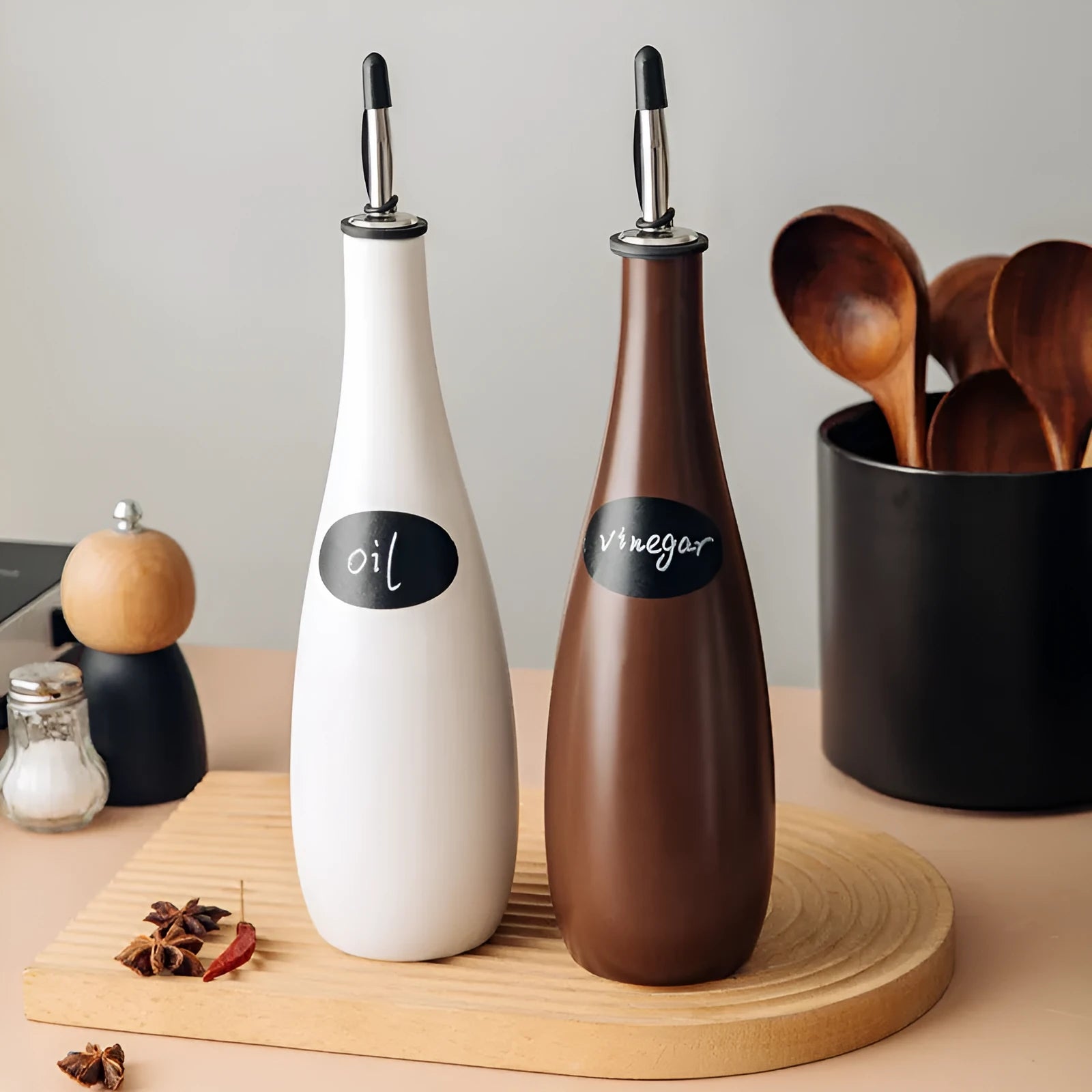 Ceramic oil pot with brush and funnel in black, coffee, or white colour, 650ml capacity