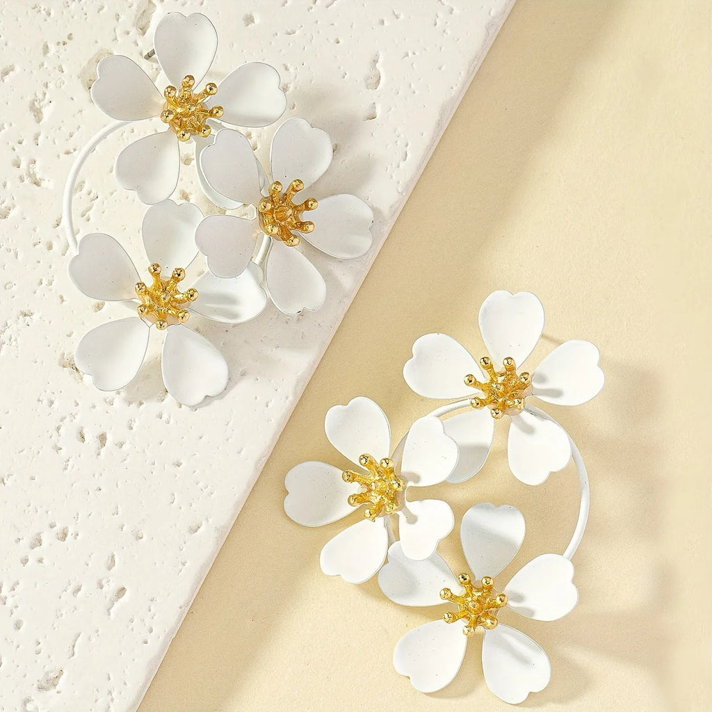 Retro floral earrings for women in black or white with iron construction and baking varnish finish