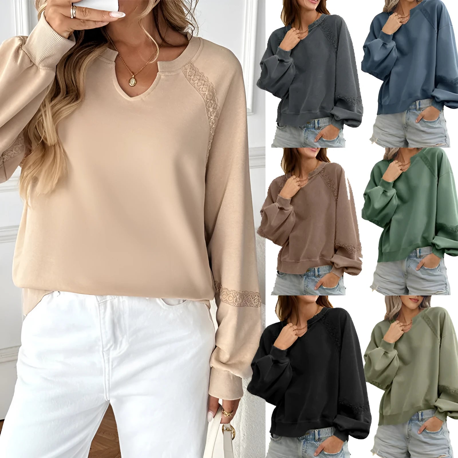 Women's half-open collar lace detail long sleeve sweater in apricot colour on size chart