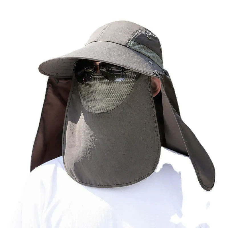 Khaki coloured sun hat with built-in USB fan and attached face covering shawl for neck protection.