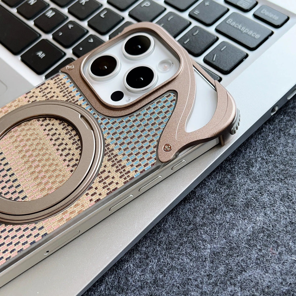 Frameless magnetic bracket phone case in metal and PC with electroplated finish for Apple iPhone 14 15 16 Pro and Pro Max